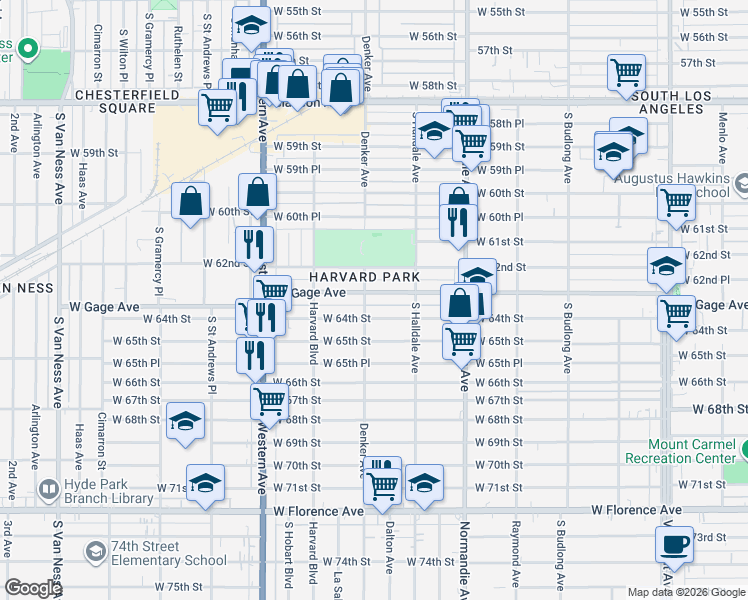map of restaurants, bars, coffee shops, grocery stores, and more near 1535 West Gage Avenue in Los Angeles