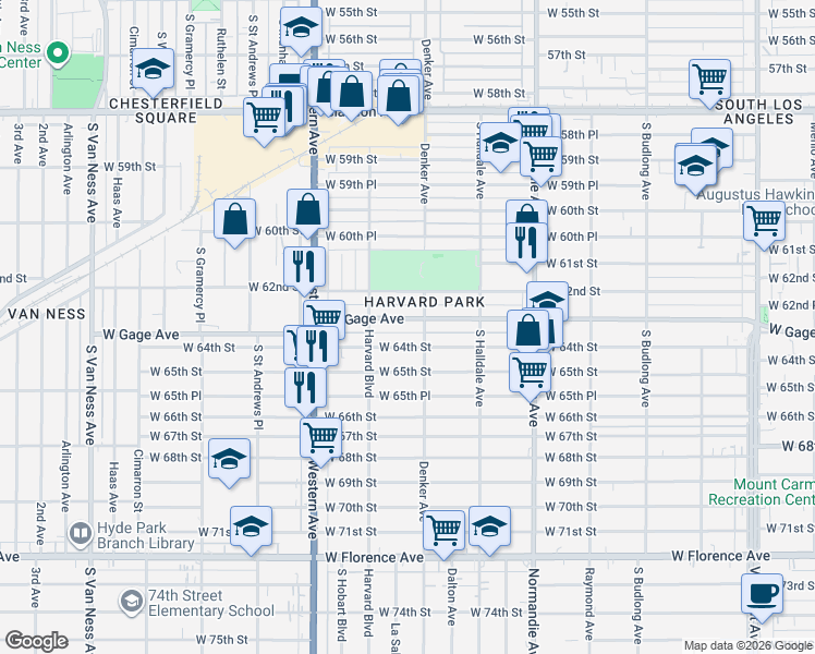 map of restaurants, bars, coffee shops, grocery stores, and more near 1607 West Gage Avenue in Los Angeles