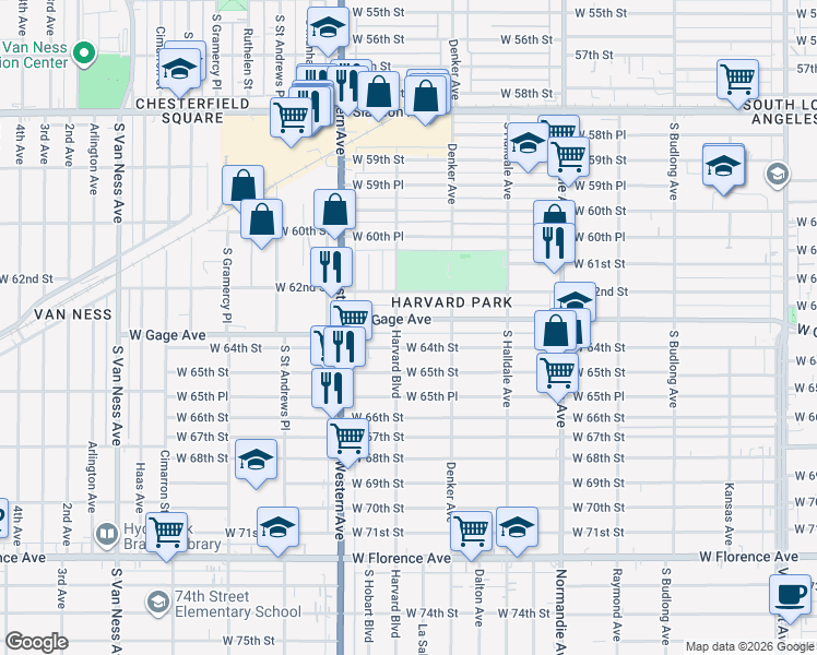 map of restaurants, bars, coffee shops, grocery stores, and more near 1655 West Gage Avenue in Los Angeles