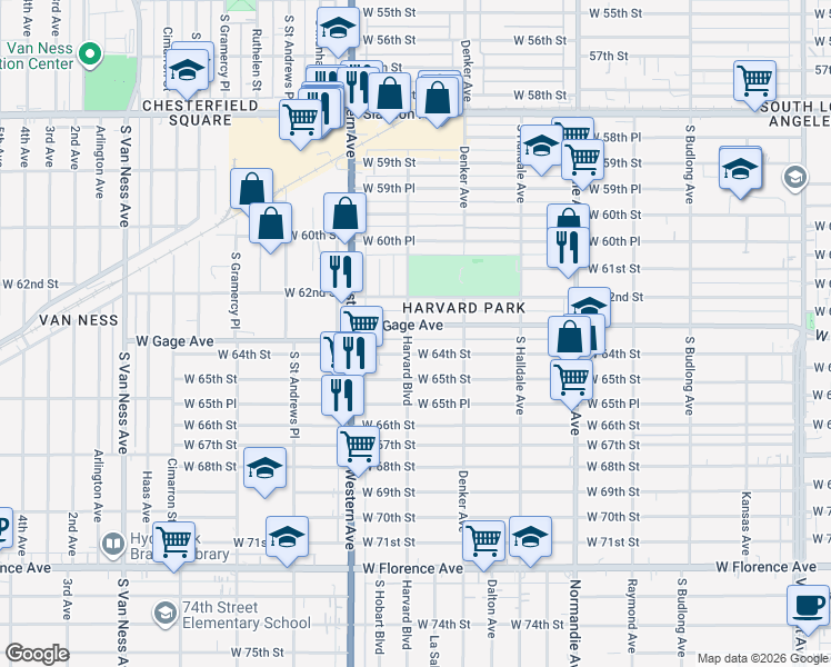 map of restaurants, bars, coffee shops, grocery stores, and more near 1655 West Gage Avenue in Los Angeles