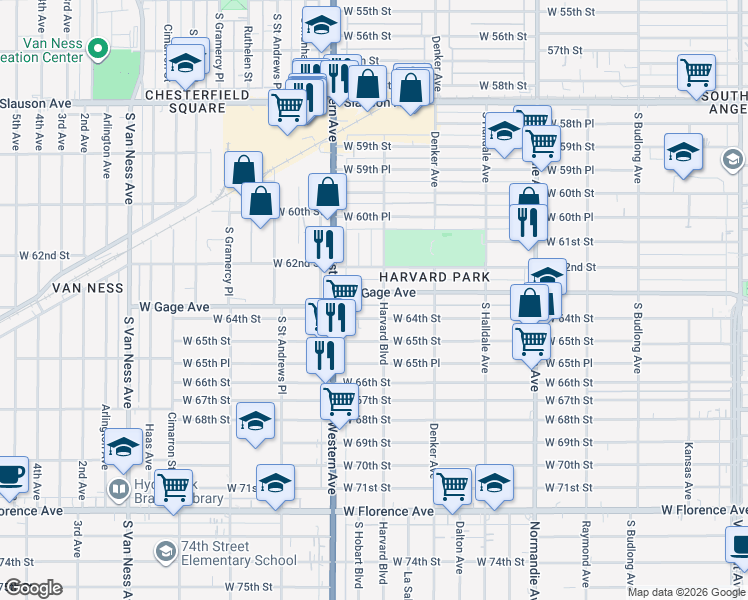 map of restaurants, bars, coffee shops, grocery stores, and more near 1655 West Gage Avenue in Los Angeles
