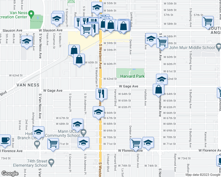 map of restaurants, bars, coffee shops, grocery stores, and more near 1739 West Gage Avenue in Los Angeles