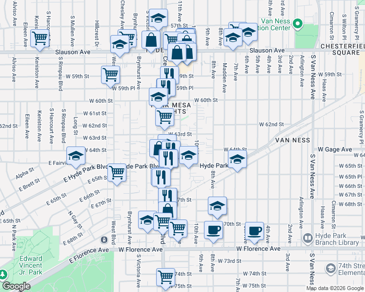 map of restaurants, bars, coffee shops, grocery stores, and more near 6310 11th Avenue in Los Angeles