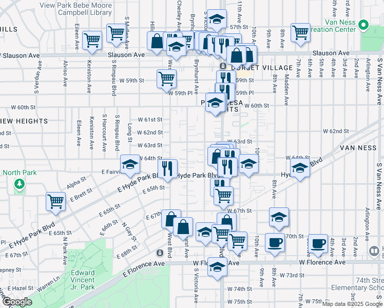 map of restaurants, bars, coffee shops, grocery stores, and more near 6314 Brynhurst Avenue in Los Angeles
