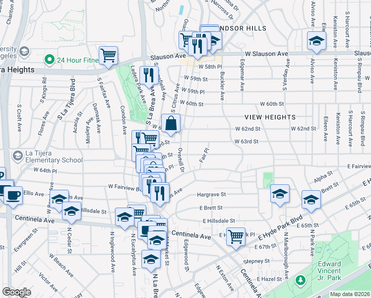 map of restaurants, bars, coffee shops, grocery stores, and more near 4542 West 63rd Street in Los Angeles