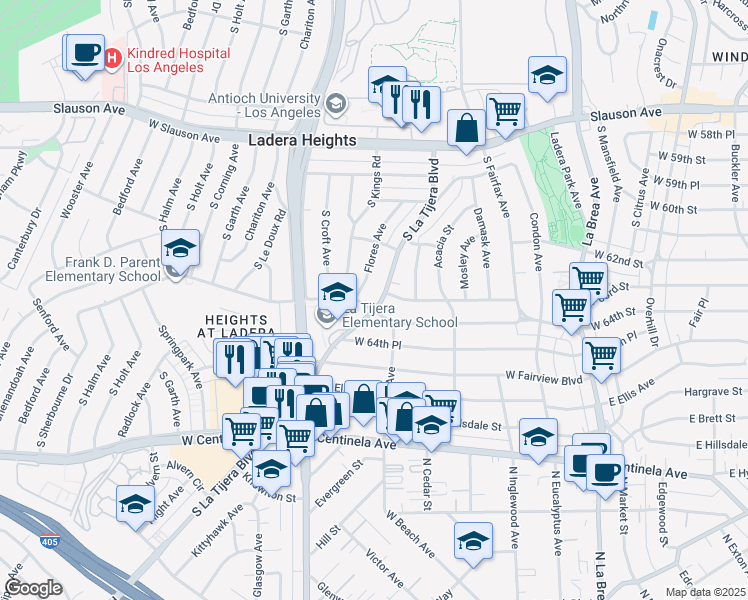map of restaurants, bars, coffee shops, grocery stores, and more near 6221 Flores Avenue in Los Angeles