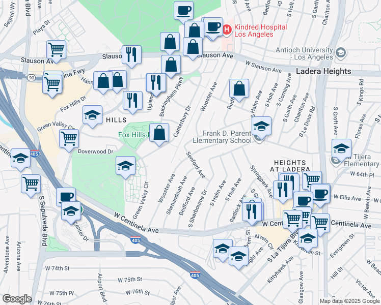 map of restaurants, bars, coffee shops, grocery stores, and more near in Ladera Heights