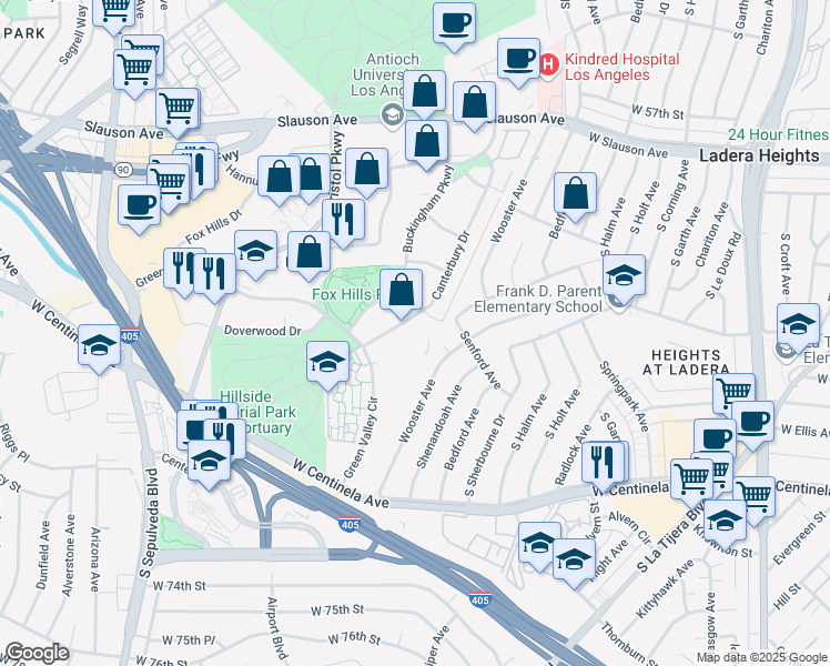 map of restaurants, bars, coffee shops, grocery stores, and more near 6050 Canterbury Drive in Culver City