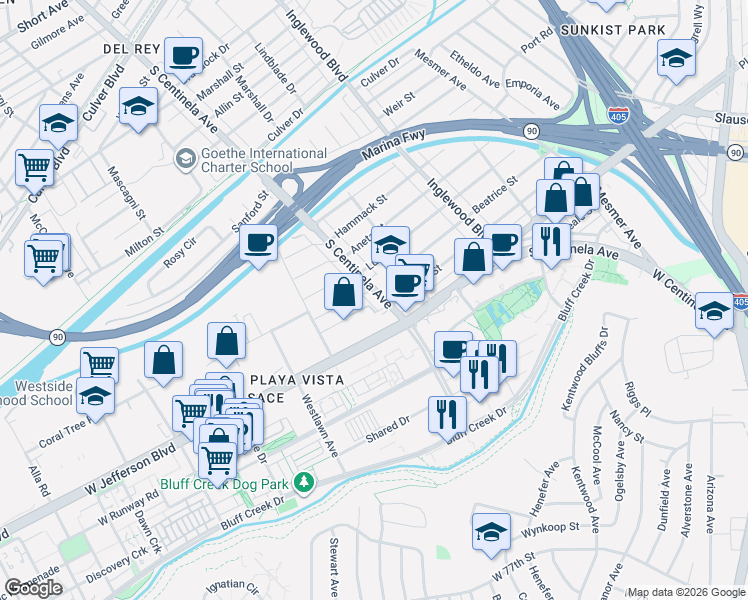 map of restaurants, bars, coffee shops, grocery stores, and more near in Los Angeles