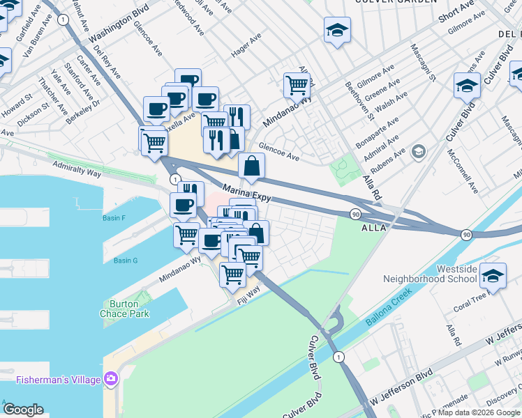 map of restaurants, bars, coffee shops, grocery stores, and more near 4710 La Villa Marina in Marina del Rey