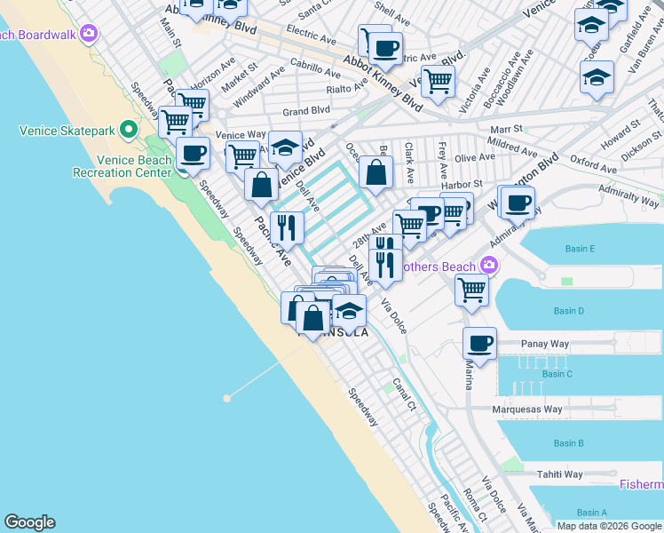 map of restaurants, bars, coffee shops, grocery stores, and more near 329 28th Avenue in Los Angeles