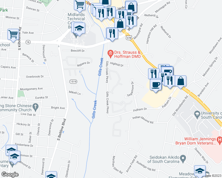 map of restaurants, bars, coffee shops, grocery stores, and more near 500 Gills Creek Parkway in Columbia