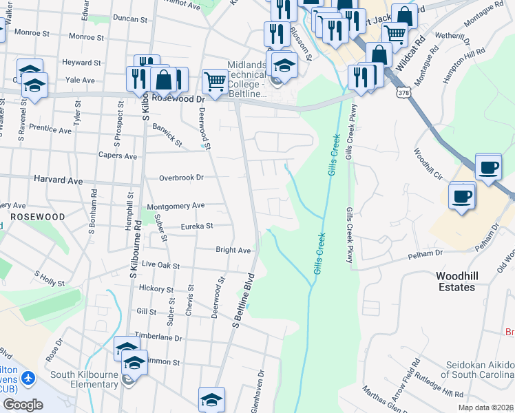 map of restaurants, bars, coffee shops, grocery stores, and more near 612 South Beltline Boulevard in Columbia
