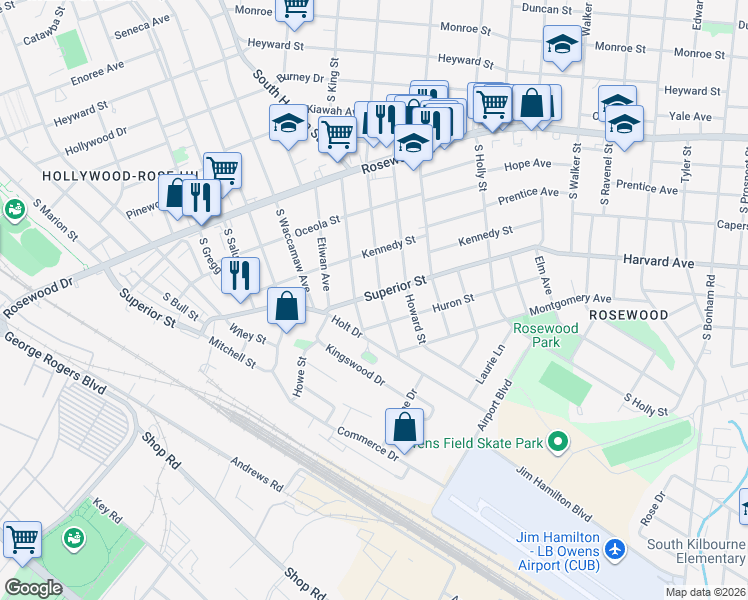 map of restaurants, bars, coffee shops, grocery stores, and more near 621 South Woodrow Street in Columbia