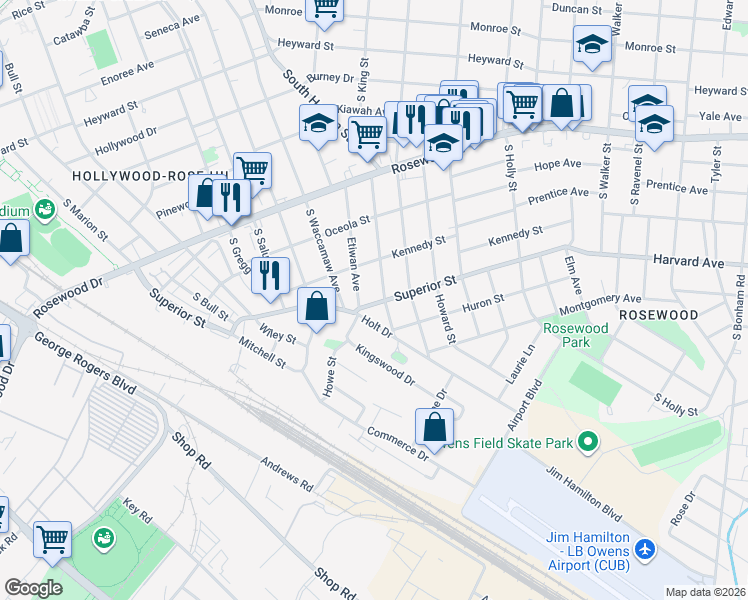 map of restaurants, bars, coffee shops, grocery stores, and more near 619 Graymont Avenue in Columbia