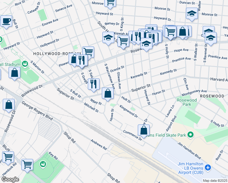map of restaurants, bars, coffee shops, grocery stores, and more near 618 South Waccamaw Avenue in Columbia