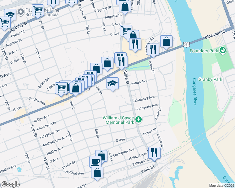 map of restaurants, bars, coffee shops, grocery stores, and more near 1300 State Street in Cayce