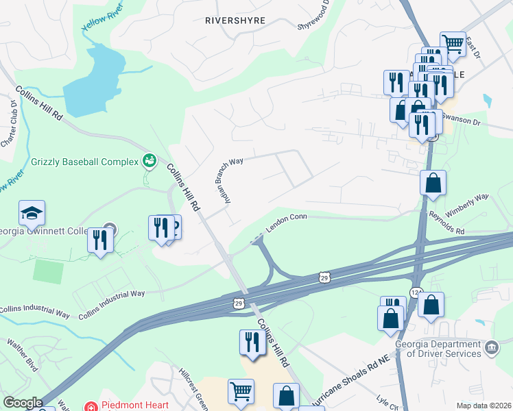 map of restaurants, bars, coffee shops, grocery stores, and more near 102 Muddy River Road in Lawrenceville