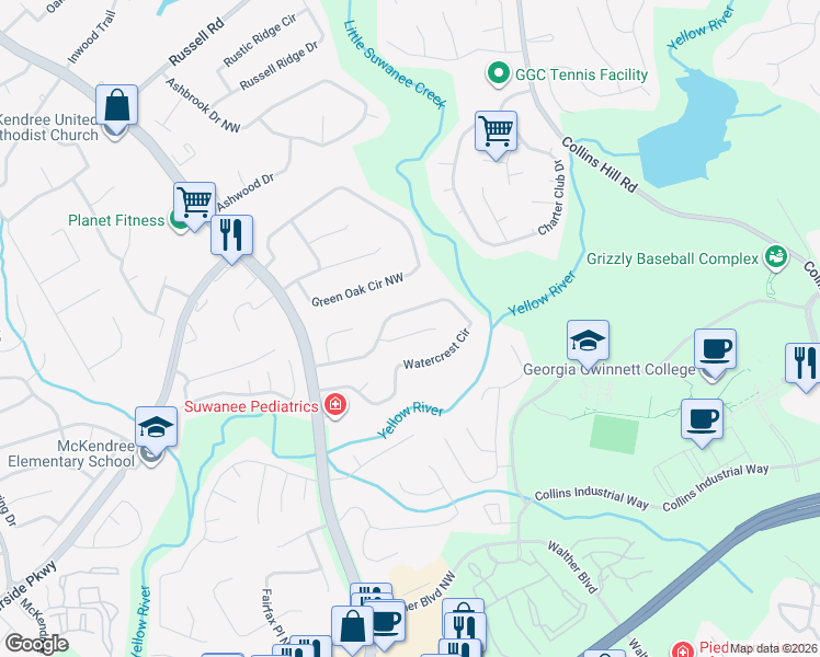 map of restaurants, bars, coffee shops, grocery stores, and more near 1884 Watercrest Circle in Lawrenceville
