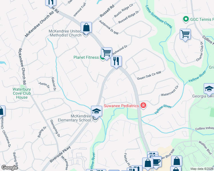 map of restaurants, bars, coffee shops, grocery stores, and more near 602 Birch River Lane in Lawrenceville