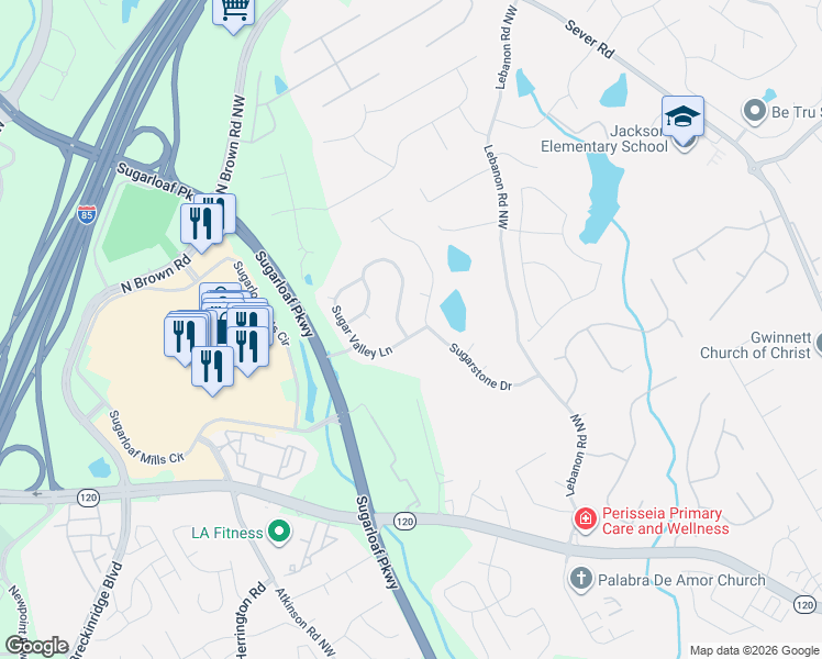 map of restaurants, bars, coffee shops, grocery stores, and more near 1959 Sugar Springs Drive in Lawrenceville