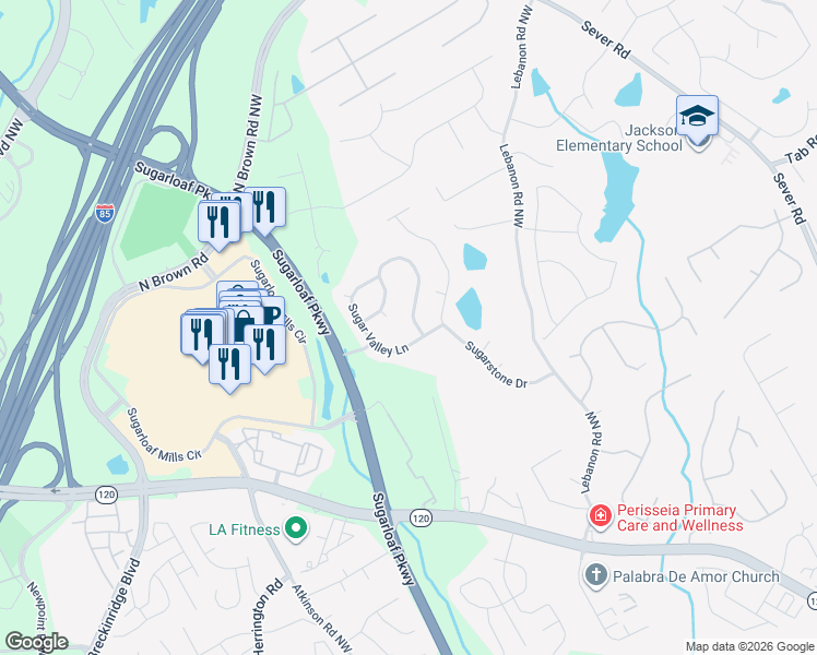 map of restaurants, bars, coffee shops, grocery stores, and more near 1907 Sugar Springs Court in Lawrenceville