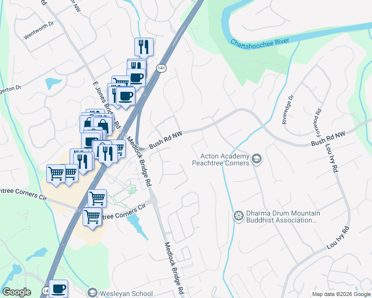map of restaurants, bars, coffee shops, grocery stores, and more near 4969 Old Ivy Road Northwest in Duluth