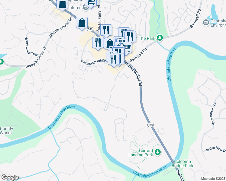 map of restaurants, bars, coffee shops, grocery stores, and more near 8643 Ellard Drive in Alpharetta