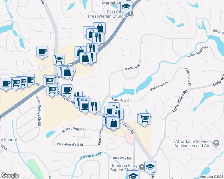 map of restaurants, bars, coffee shops, grocery stores, and more near 4537 Middlebury Court Northeast in Marietta