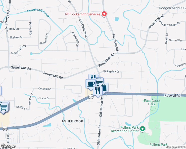 map of restaurants, bars, coffee shops, grocery stores, and more near 3009 Eglantine Court in Marietta