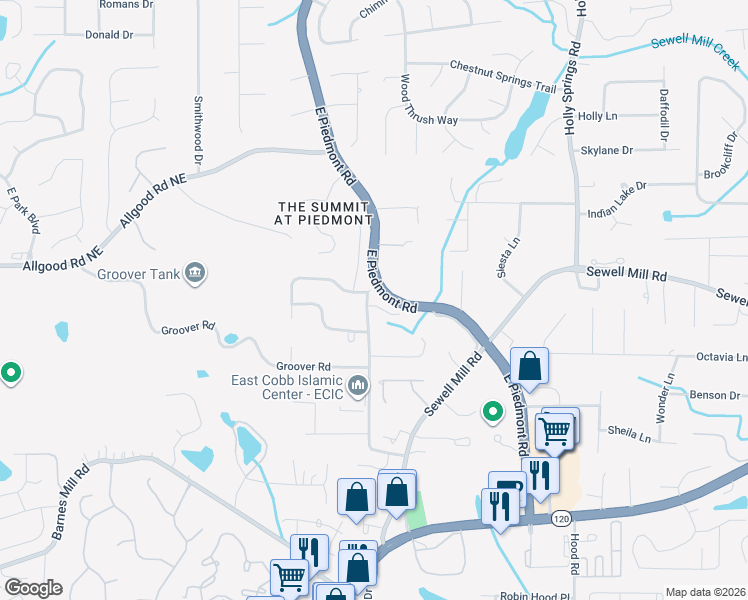 map of restaurants, bars, coffee shops, grocery stores, and more near 1310 East Piedmont Road in Marietta
