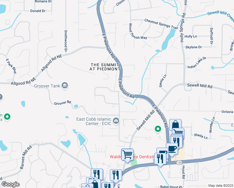 map of restaurants, bars, coffee shops, grocery stores, and more near 1140 Promontory Drive in Marietta