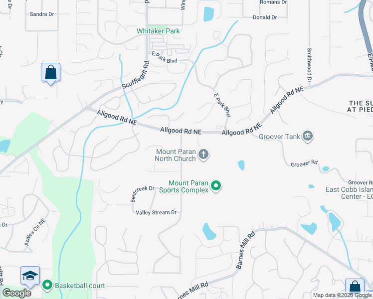 map of restaurants, bars, coffee shops, grocery stores, and more near 1290 Rockcrest Drive in Marietta