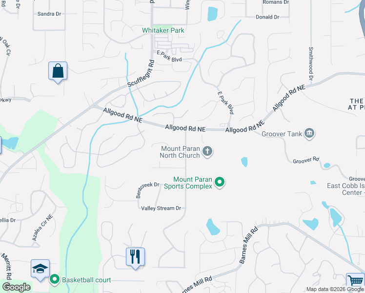 map of restaurants, bars, coffee shops, grocery stores, and more near 1285 Rockcrest Drive in Marietta