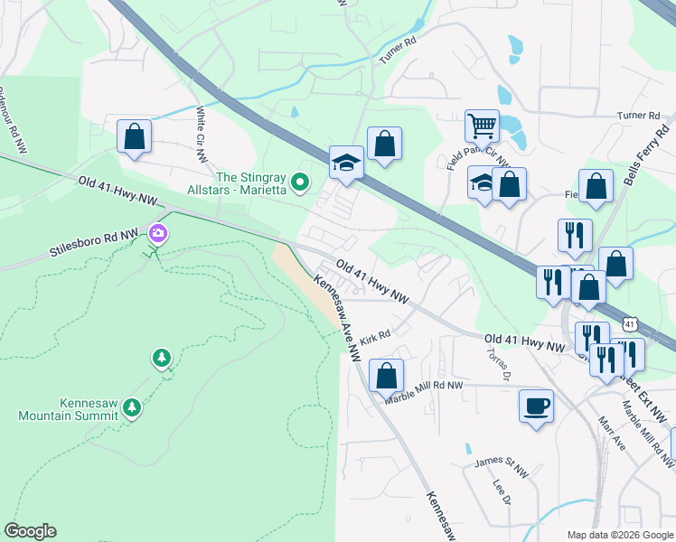map of restaurants, bars, coffee shops, grocery stores, and more near 618 Parkside Village Drive in Marietta