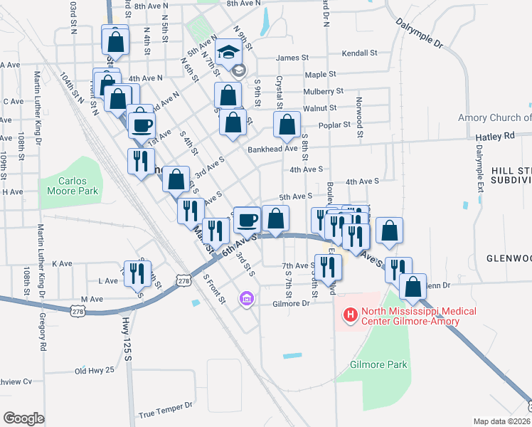 map of restaurants, bars, coffee shops, grocery stores, and more near 501-505 South 6th Street in Amory