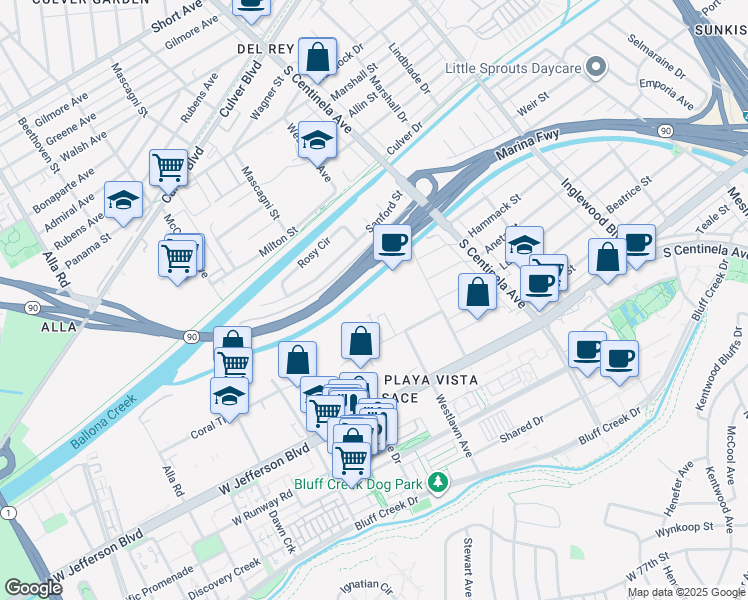 map of restaurants, bars, coffee shops, grocery stores, and more near 5404 Jandy Place in Los Angeles