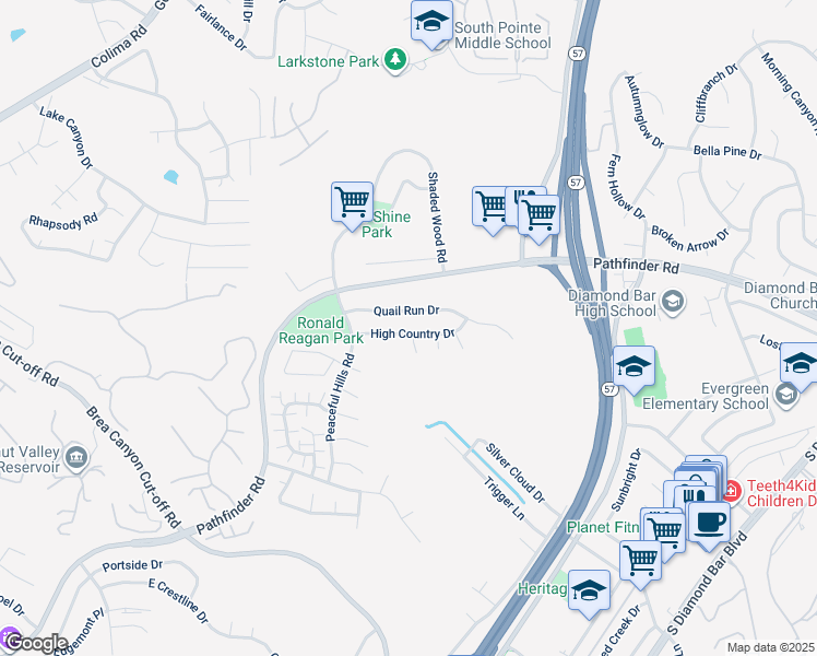 map of restaurants, bars, coffee shops, grocery stores, and more near 20863 High Country Drive in Walnut