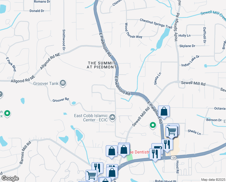 map of restaurants, bars, coffee shops, grocery stores, and more near 1140 Promontory Drive in Marietta