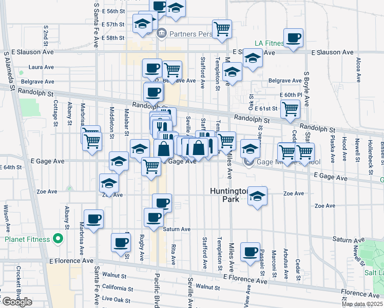 map of restaurants, bars, coffee shops, grocery stores, and more near 6336 Seville Avenue in Huntington Park