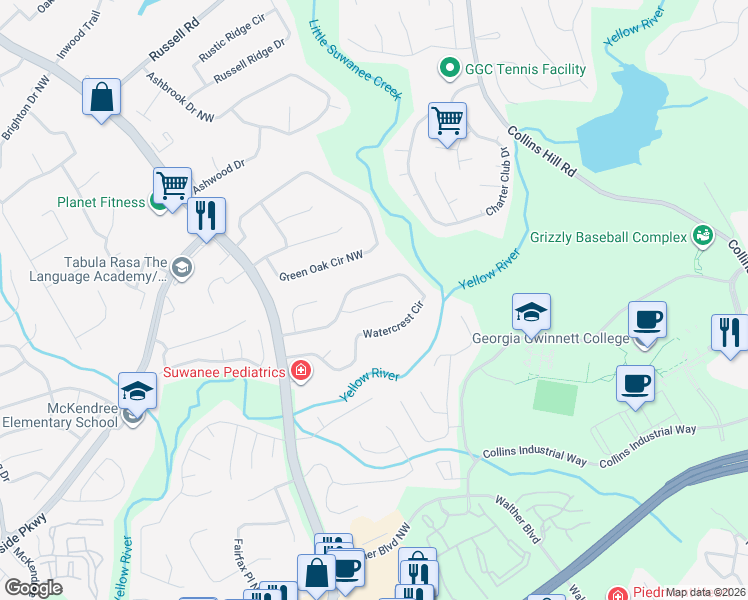 map of restaurants, bars, coffee shops, grocery stores, and more near 381 Fountainmist Trail in Lawrenceville
