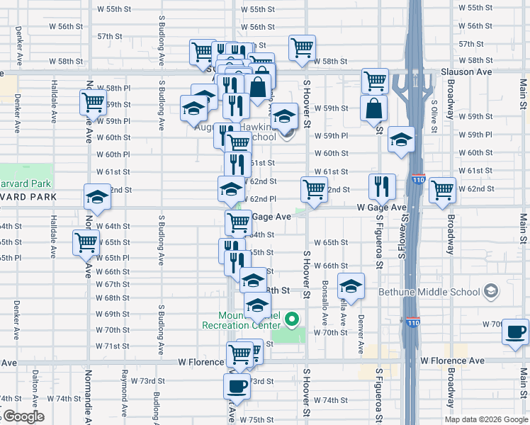 map of restaurants, bars, coffee shops, grocery stores, and more near 915 West Gage Avenue in Los Angeles
