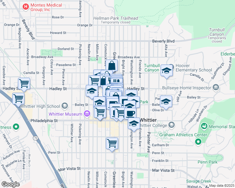 map of restaurants, bars, coffee shops, grocery stores, and more near 13022 Hadley Street in Whittier