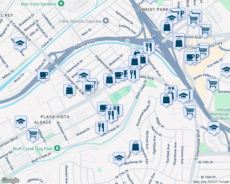map of restaurants, bars, coffee shops, grocery stores, and more near 12025 West Waterfront Drive in Los Angeles