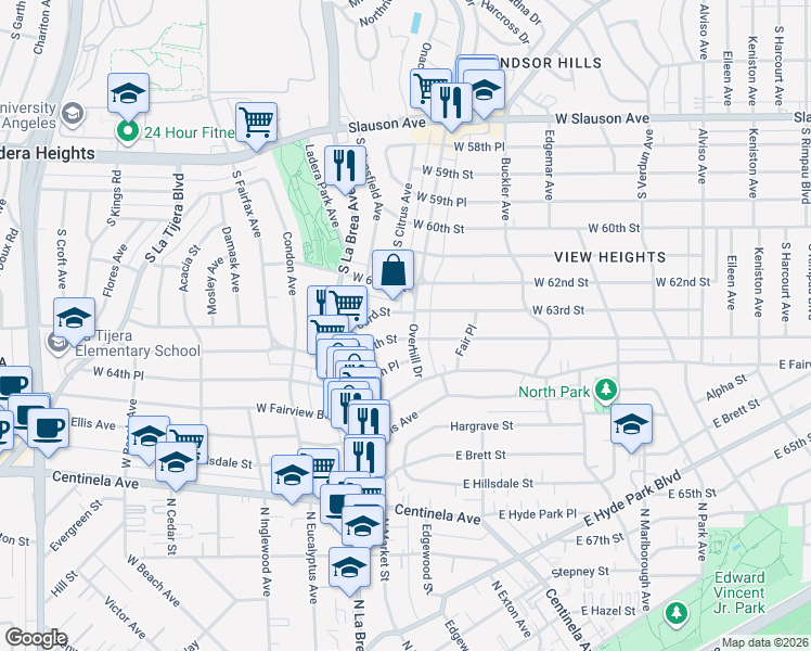 map of restaurants, bars, coffee shops, grocery stores, and more near 6311 Overhill Drive in Los Angeles