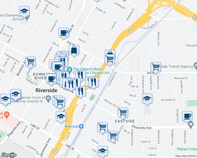 map of restaurants, bars, coffee shops, grocery stores, and more near 3550 Vine Street in Riverside