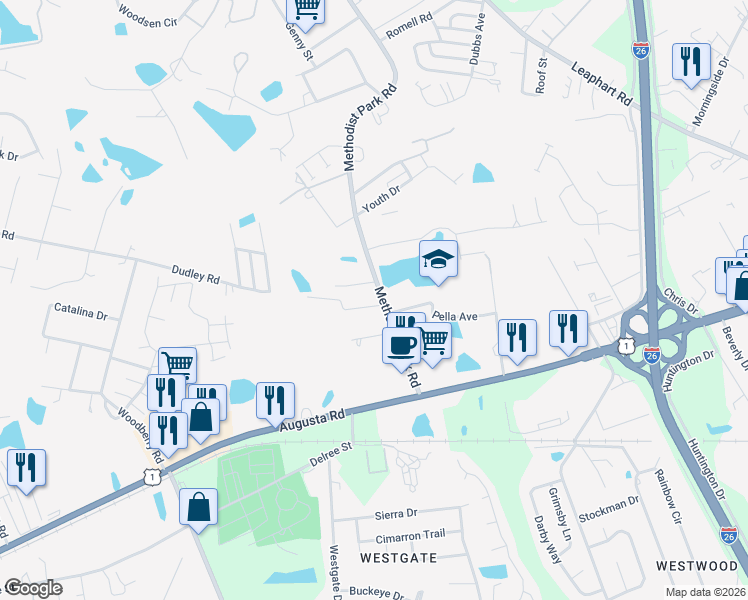 map of restaurants, bars, coffee shops, grocery stores, and more near 1205 Methodist Park Road in West Columbia