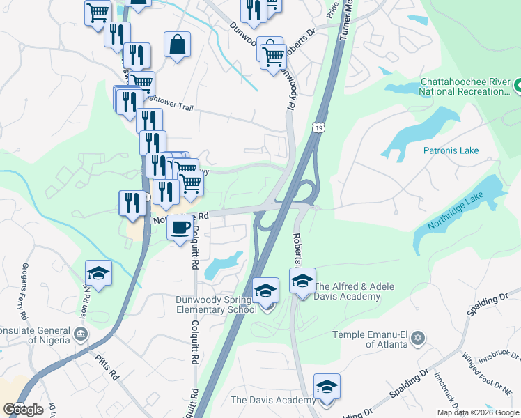 map of restaurants, bars, coffee shops, grocery stores, and more near 595 Northridge Road in Atlanta