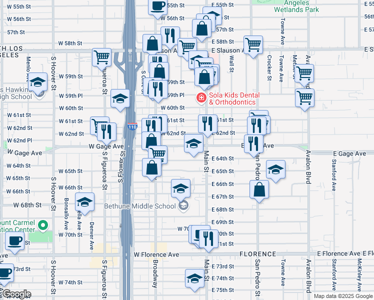map of restaurants, bars, coffee shops, grocery stores, and more near 146 West Gage Avenue in Los Angeles