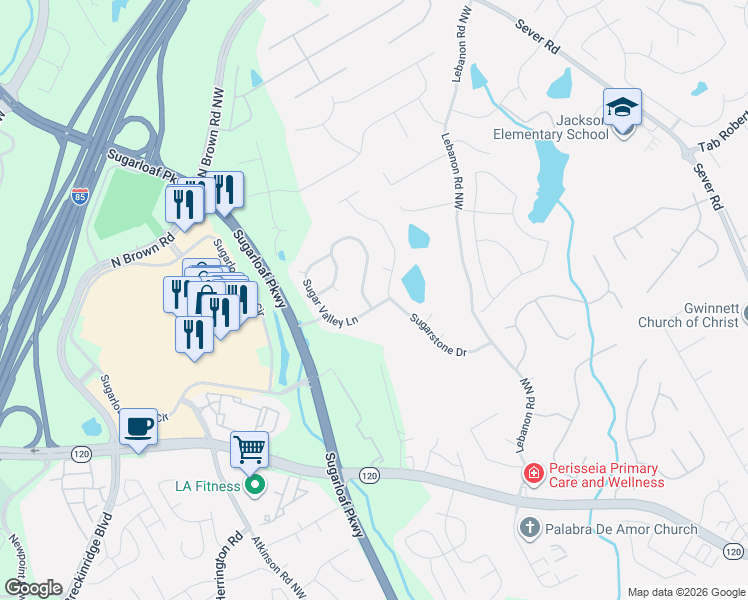 map of restaurants, bars, coffee shops, grocery stores, and more near 1959 Sugar Springs Dr in Lawrenceville